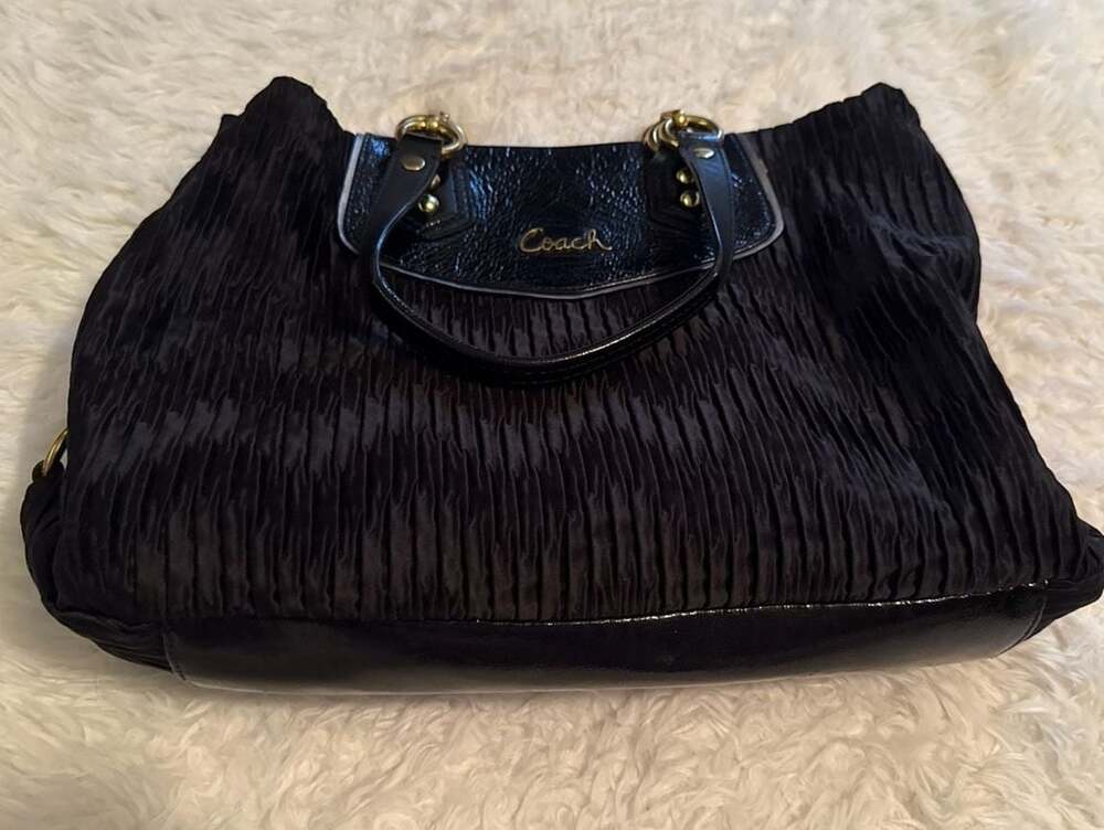COACH Ashley Gathered Satin Carryall Satchel‎ Tote Bag F20050 Black
